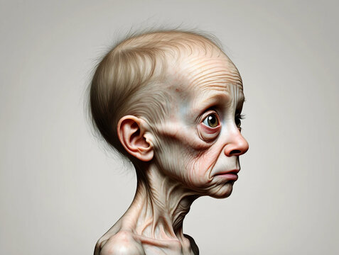 Progeria Aged wrinkled face profile with sparse hair and green eyes image