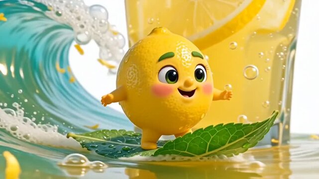 Surreal 3D Animated Lemon Character Surfing on a Mint Leaf Wave
