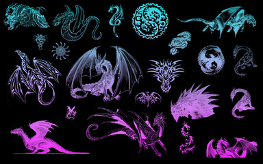 Modèle de dragon coloré sur fond noir. © tsuiho