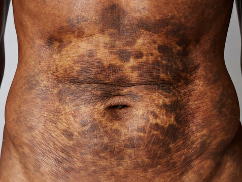 Progeria Close up of human abdomen with dark skin pigmentation and wrinkles body