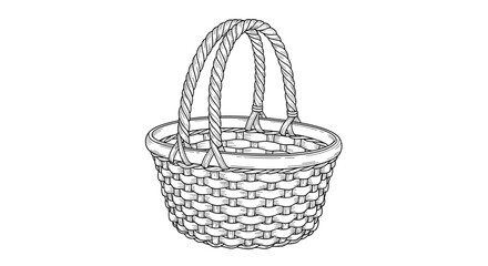 Obraz premium A detailed black and white line art illustration of an empty round wicker basket with two handles, in a classic hand-drawn sketch style.