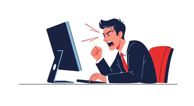 An illustration of an angry businessman in a suit, shouting and clenching his fist at his computer screen out of frustration or stress.