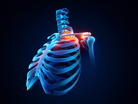 Progeria Blue rib cage and shoulder joint with glowing red pain points anatomy bone