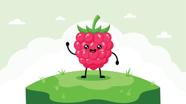 Adorable cartoon raspberry character with a happy smiling face and small arms stands on a vibrant green grassy hill waving, set against a bright blue sky.