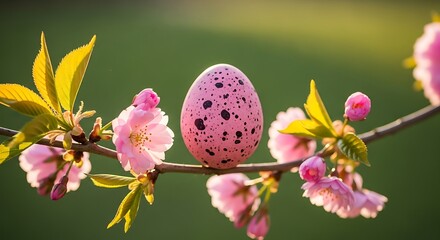Easter egg nestled among delicate pink cherry blossoms on branch.