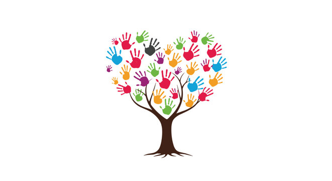 A symbolic illustration of a tree with a heart-shaped canopy made of colorful handprints, representing community, diversity, and growth.