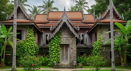 Exterior View of a Traditional Thai House Surrounded by Lush Greenery.