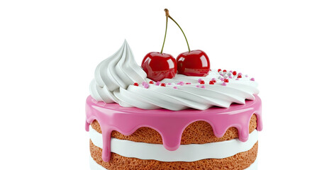 Layered Cake with Pink Glaze, Whipped Cream, Cherries, and Sprinkles