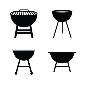 Four different styles of black outdoor grills with distinct legs and lids shown in silhouette