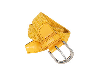Stylish Yellow Woven Belt with Leather Details Isolated on White Background
