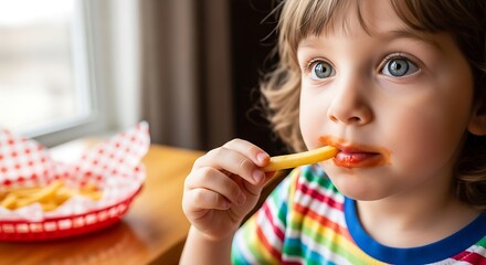 A young child enjoying a french fry with ketchup.