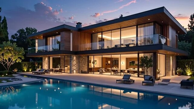 Modern luxury home with a swimming pool at dusk, surrounded by lush greenery.