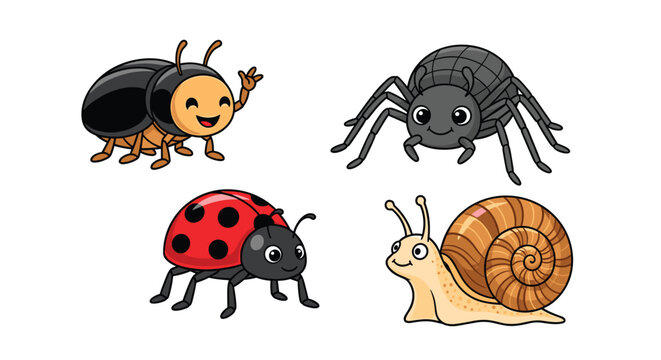 Adorable collection of four cute cartoon bugs and insects, including a beetle, spider, ladybug, and a happy little snail.