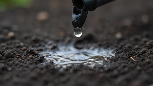 A single water droplet falls from a black drip irrigation emitter, slowly soaking into the dark, rich soil, highlighting efficient water use in agriculture and gardening.
