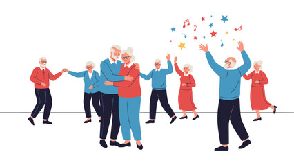 Obraz premium Joyful group of diverse elderly people happily dancing and socializing together, celebrating friendship and active senior living.