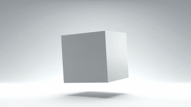 A sleek 3D gray rectangular box gracefully rotates, suspended in a bright, minimalist white studio.