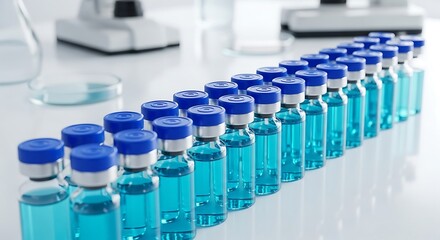 Row of Blue Liquid Vials in a Laboratory Setting.