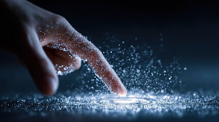 Fototapeta premium Finger touching virtual screen hologram button with stark white light, futuristic blue tech background for digital marketing online connection, high-res photorealistic vector pastel isolated asset