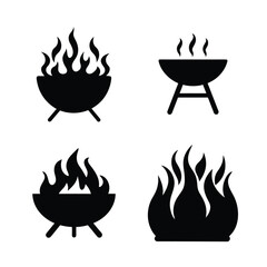 Four distinct icons depicting various types of fire and cooking setups