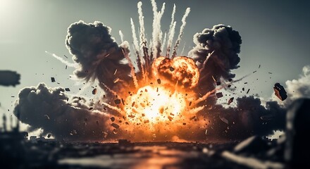 Fiery Explosion with Smoke and Debris in a War Zone.