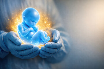 Obraz premium Female fetus hologram closeup medical concept glowing organs in doctor hand blue embryo futuristic healthcare technology innovation hope prenatal life protection care