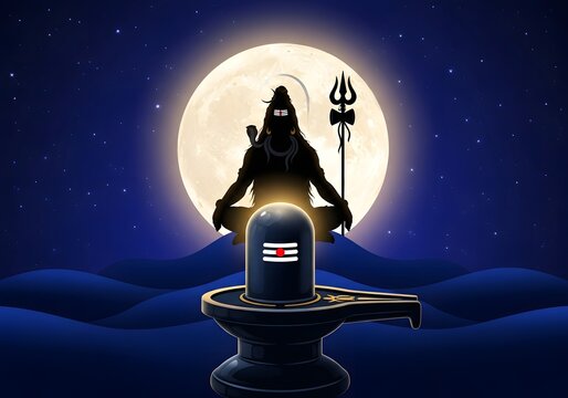 Lord Shiva Silhouette Meditating Behind Shiva Lingam Under Full Moon Night and Starry Sky