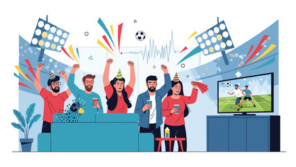 Obraz premium Group of enthusiastic friends celebrating and watching a football game on TV in a lively setting with stadium lights and confetti, depicting sports fandom and social gatherings.