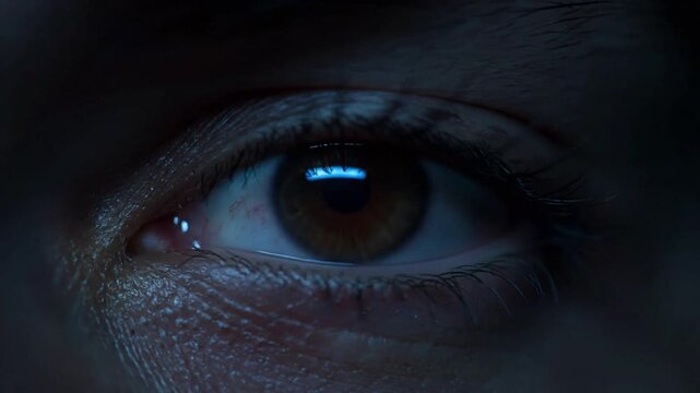 Close-up of a human eye with a reflection of a screen, symbolizing digital interaction and focus.