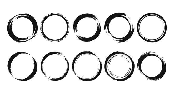 A collection of ten hand-drawn, brushstroke circles in black ink on a white background.