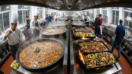 Obraz premium Busy commercial kitchen with chefs cooking giant paella pans, teamwork and heat in stainless workspace, ideal for catering and restaurant operations, festive holiday feast vibe