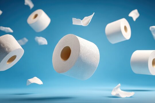 Multiple white toilet paper rolls and sheets floating against a vibrant blue background.