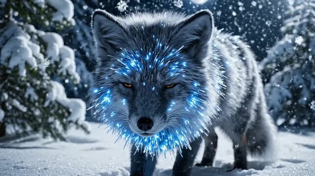 Glowing Blue Fox in Snowy Forest.