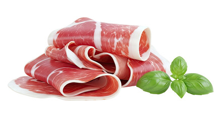 Thinly Sliced Prosciutto Ham with Fresh Basil Leaves