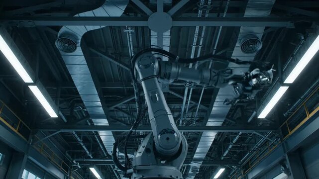 A sophisticated industrial robot arm operates with precision in a high-tech manufacturing facility, showcasing automation and future technology.