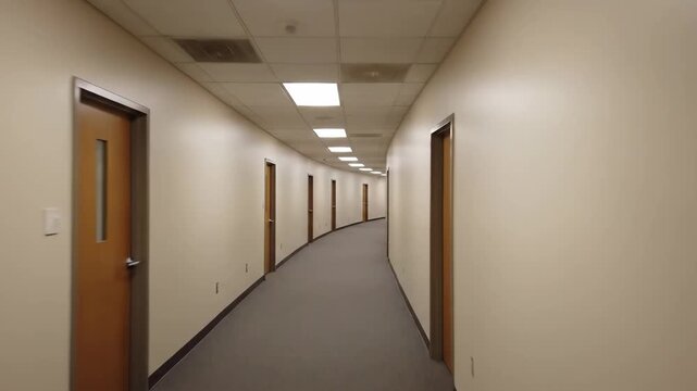 A steady forward movement through an empty, curving hallway lined with many closed wooden doors and bright lights.