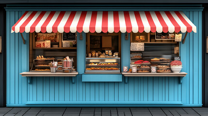 Quaint blue storefront with striped awning