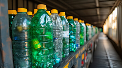 Recycling Bottles Aligned Ready for Processing