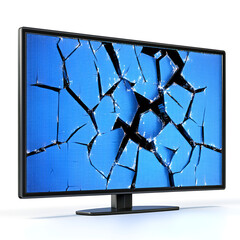 Smashed television screen displaying blue image