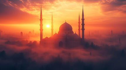 Sunrise over the Misty Mosque Cityscape