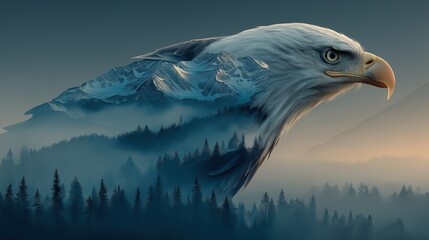 Fototapeta premium Double exposure profile portrait of bald eagle head with misty mountain forest landscape inside. Conceptual nature art of bird spirit, freedom and leadership