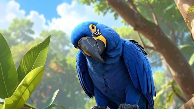Vibrant blue macaw perched on a branch in a lush tropical forest.
