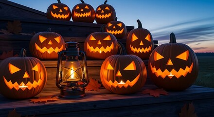 Spooky Halloween Jack-o-Lanterns Displayed at Dusk with Lantern.
