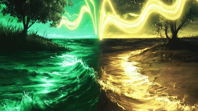 A split landscape depicts ocean and beach separated by glowing energy