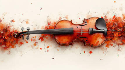 Watercolor violin amidst autumn leaves