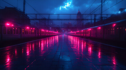 Wet train station platform neon night