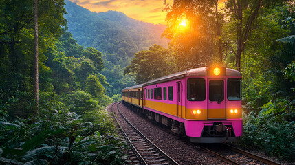 Whimsical train winds through lush jungle