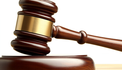 Wooden gavel resting on its block
