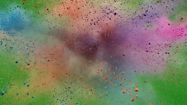 Vibrant colorful powder explosion on green screen holi background, slow motion abstract paint dust particles burst for overlay or graphic resource