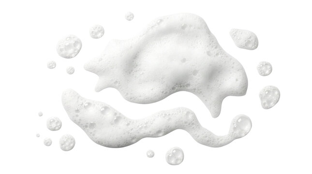 White soap foam or shaving cream bubbles splatter with soft shadows, isolated on white background