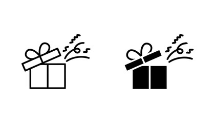 Set of gift box icons with confetti, one outlined and one solid fill, representing presents and celebrations opening up
